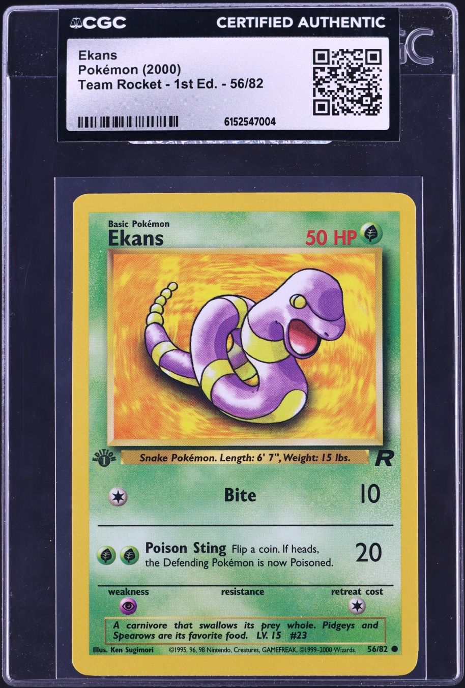 2000 Pokemon Team Rocket 1st Edition Ekans #56 CGC AUTH