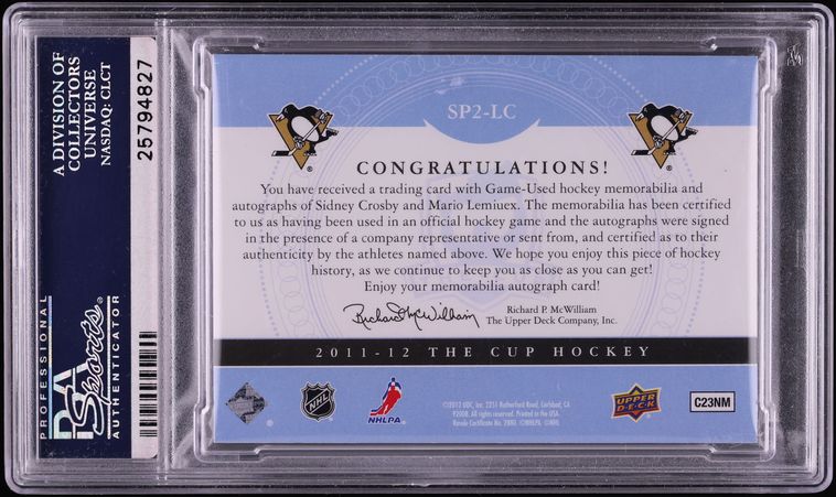 2011 Upper Deck The Cup Mario Lemieux Sidney Crosby PATCH AUTO /25 #SP2-LC PSA 10 GEM MINT
