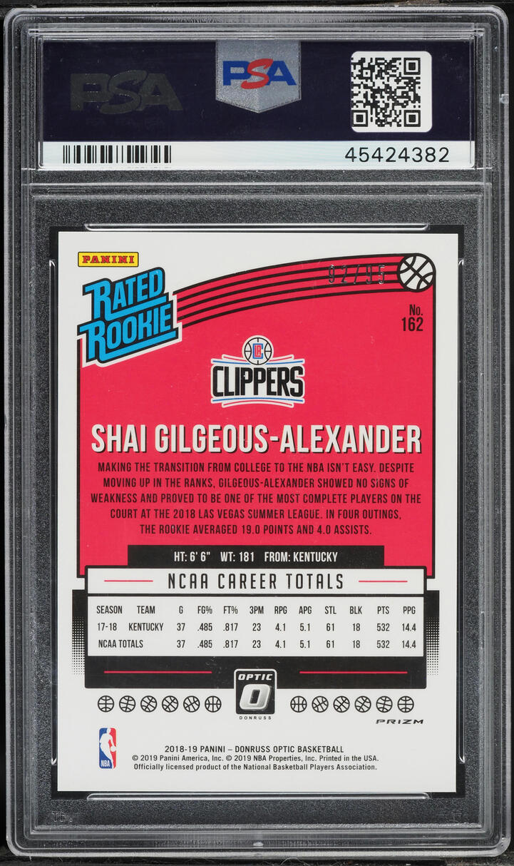 2018 Donruss Optic Fast Break Purple Shai Gilgeous-Alexander ROOKIE /95 #162 PSA 10 GEM MINT - Photo 2