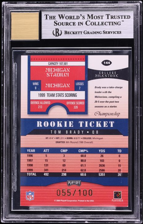 2000 Playoff Contenders Championship Ticket Tom Brady ROOKIE AUTO /100 #144 BGS 8.5 NM-MT+