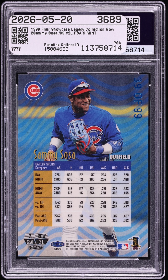 1999 Flair Showcase Legacy Collection Row 2 Sammy Sosa /99 #2L PSA 9 MINT - Photo 2