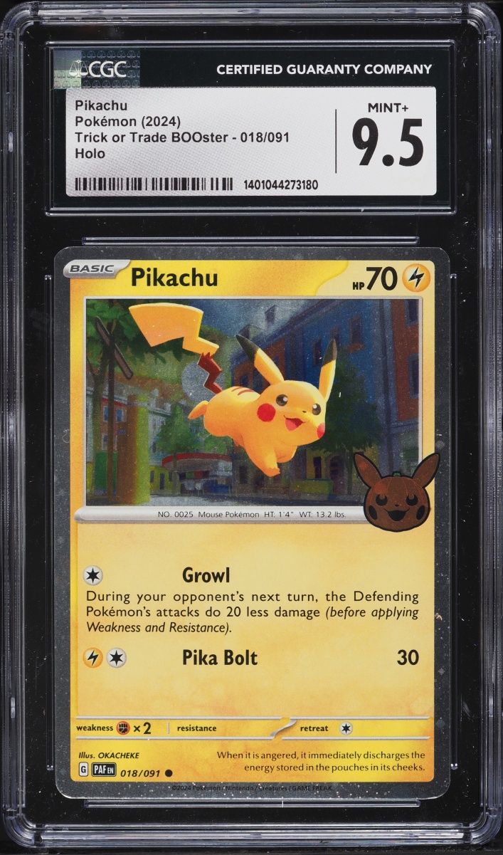 2024 Pokemon Scarlet & Violet Paldean Fates Trick Or Trade Holo Pikachu #18 CGC 9.5 MINT+