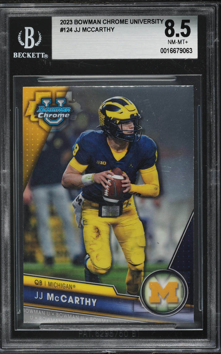 2023 Bowman Chrome University JJ McCarthy ROOKIE #124 BGS 8.5 NM-MT+
