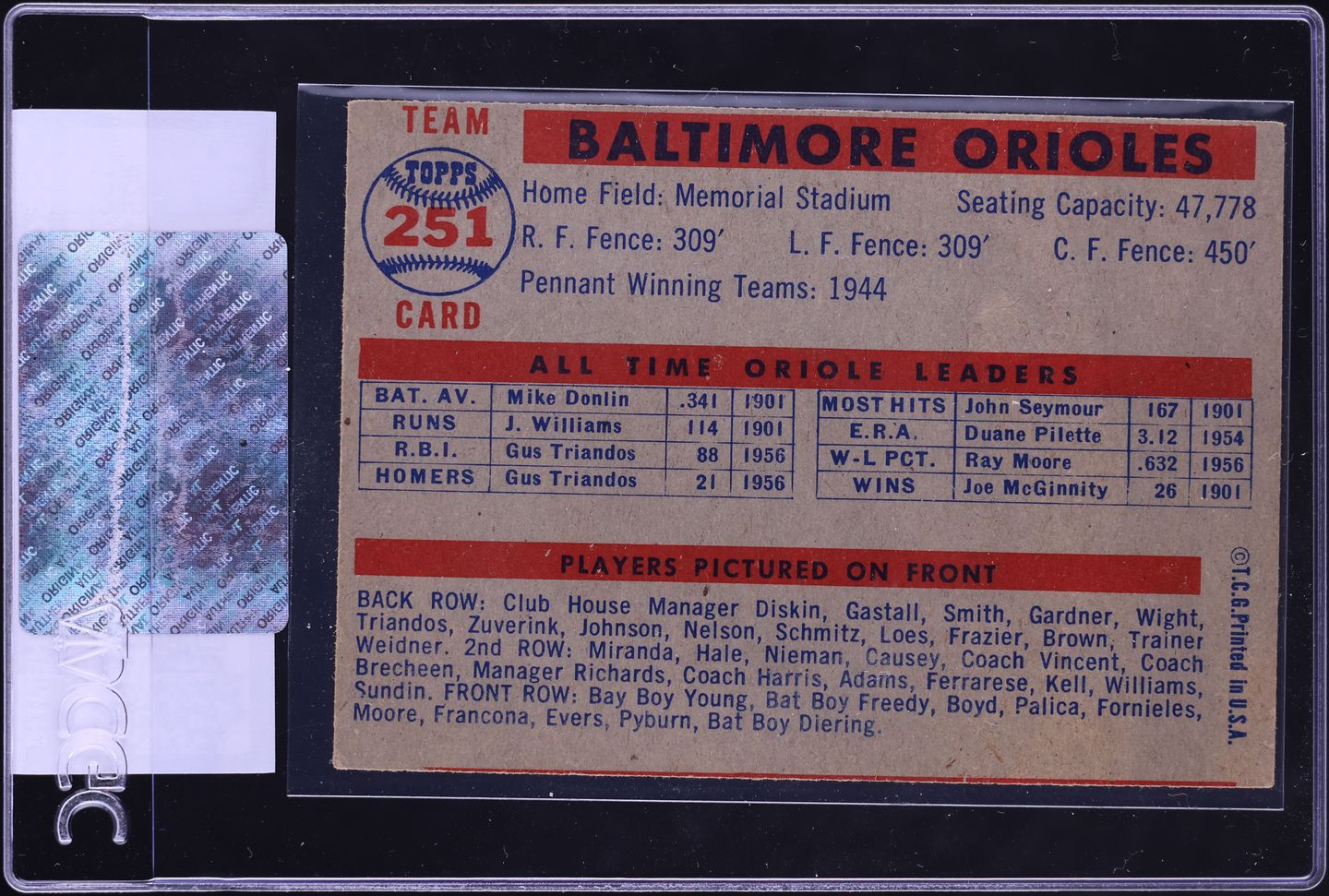1957 Topps Orioles Team #251 CGC AUTH