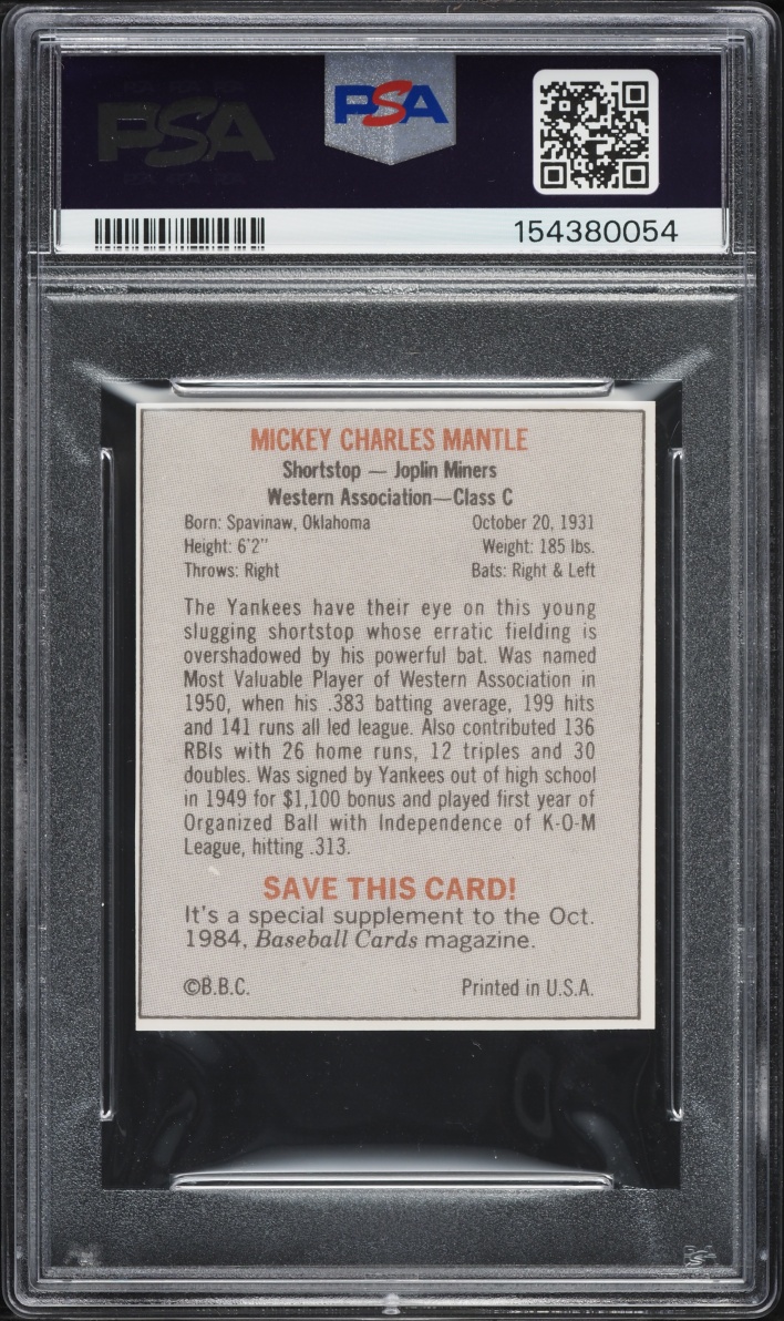 1984 Baseball Cards Magazine Repli Cards Mickey Mantle PSA 10 GEM MINT