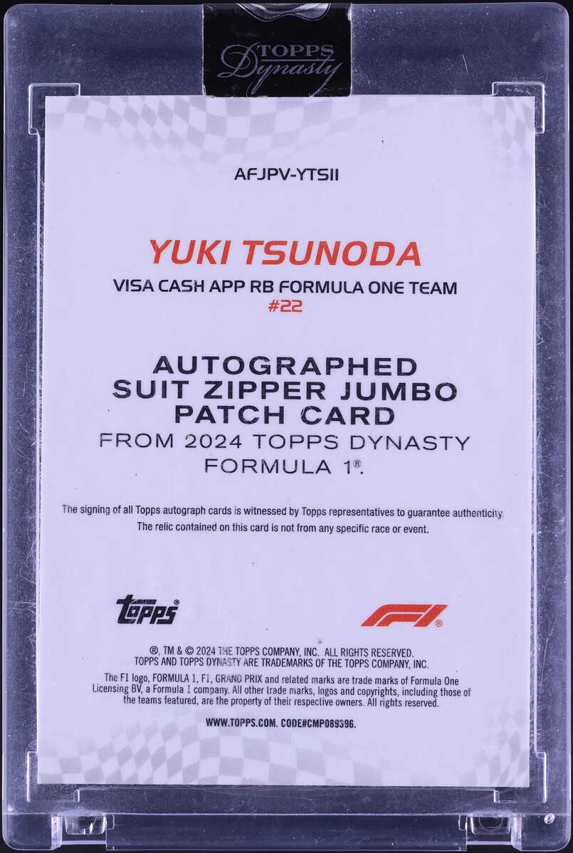 2024 Topps Dynasty Formula 1 F1 Suit Zipper Jumbo Yuki Tsunoda PATCH AUTO 1/1 #AFJPV-YTSII