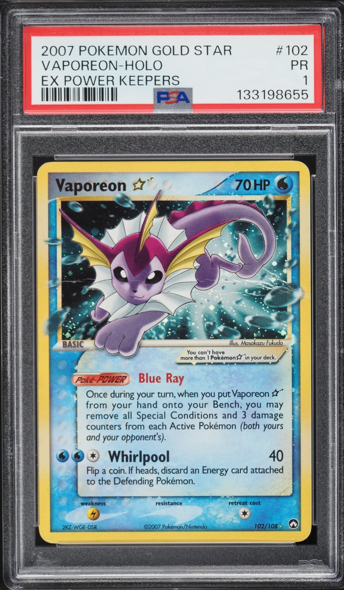 2007 Pokemon EX Power Keepers Holo Vaporeon Gold Star #102 PSA 1 PR