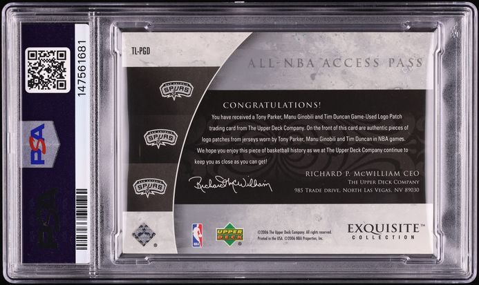 2005 Exquisite Collection Triple Tony Parker Manu Ginobili Tim Duncan LOGOMAN PATCH 1/1 PSA 8