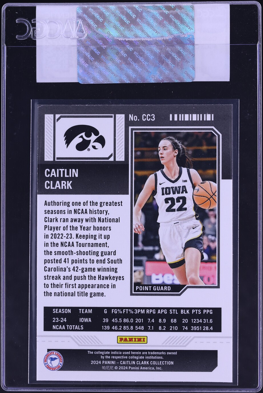 2024 Panini Collection College Contenders Caitlin Clark ROOKIE #CC3 CGC AUTH