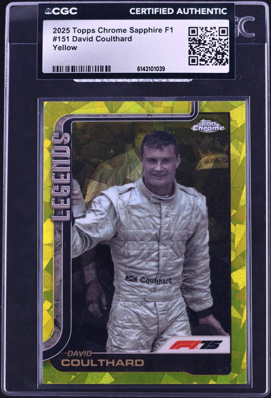 2025 Topps Chrome Sapphire Formula 1 F1 Yellow David Coulthard /75 #151 CGC AUTH
