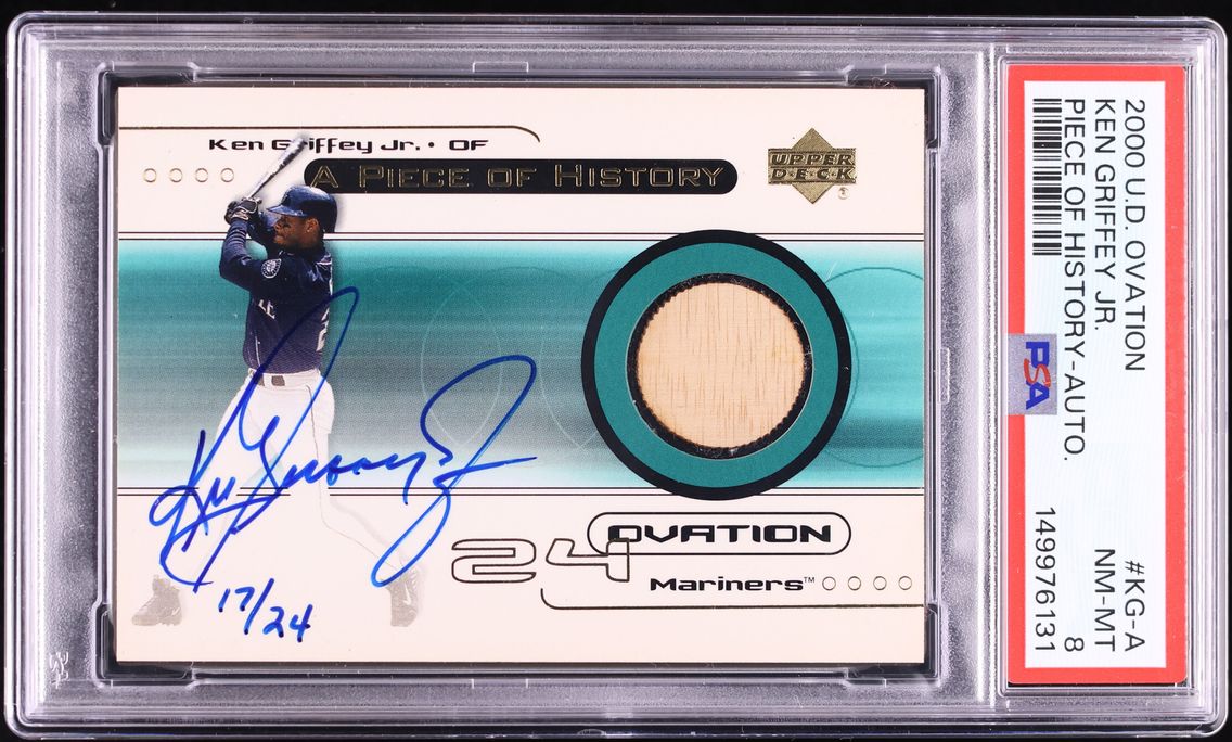 2000 Upper Deck Ovation A Piece Of History Ken Griffey Jr. RELIC AUTO /24 #KG-A PSA 8 NM-MT