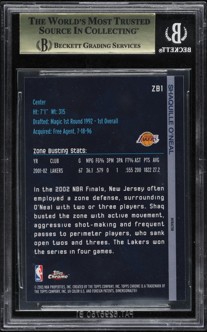 2002 Topps Chrome Zone Busters Refractor Shaquille O'Neal #ZB1 BGS 9.5 GEM MINT