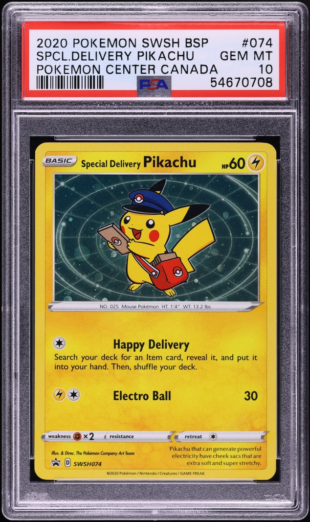 2020 Pokemon Sword & Shield Promo Center Canada Holo Special Delivery Pikachu #74 PSA 10 GEM