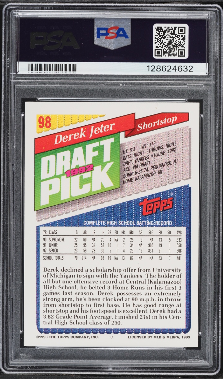 1993 Topps Derek Jeter ROOKIE #98 PSA 3 VG