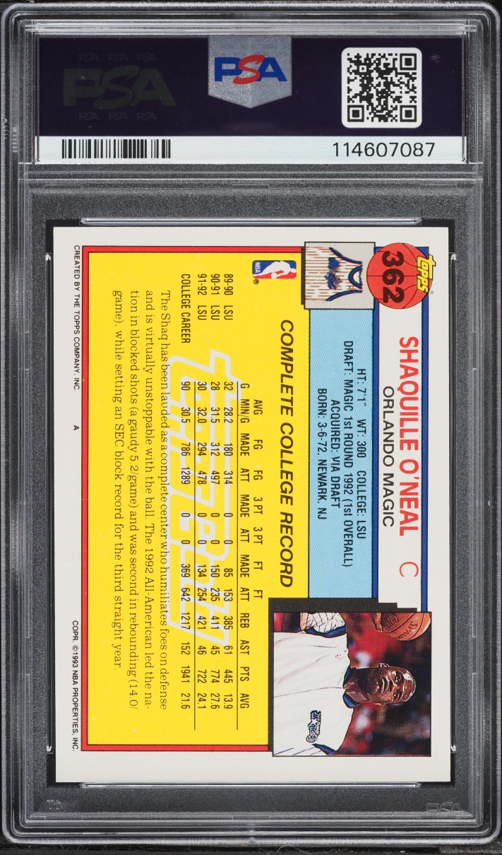 1992 Topps Gold Shaquille O'Neal ROOKIE #362 PSA 7 NRMT