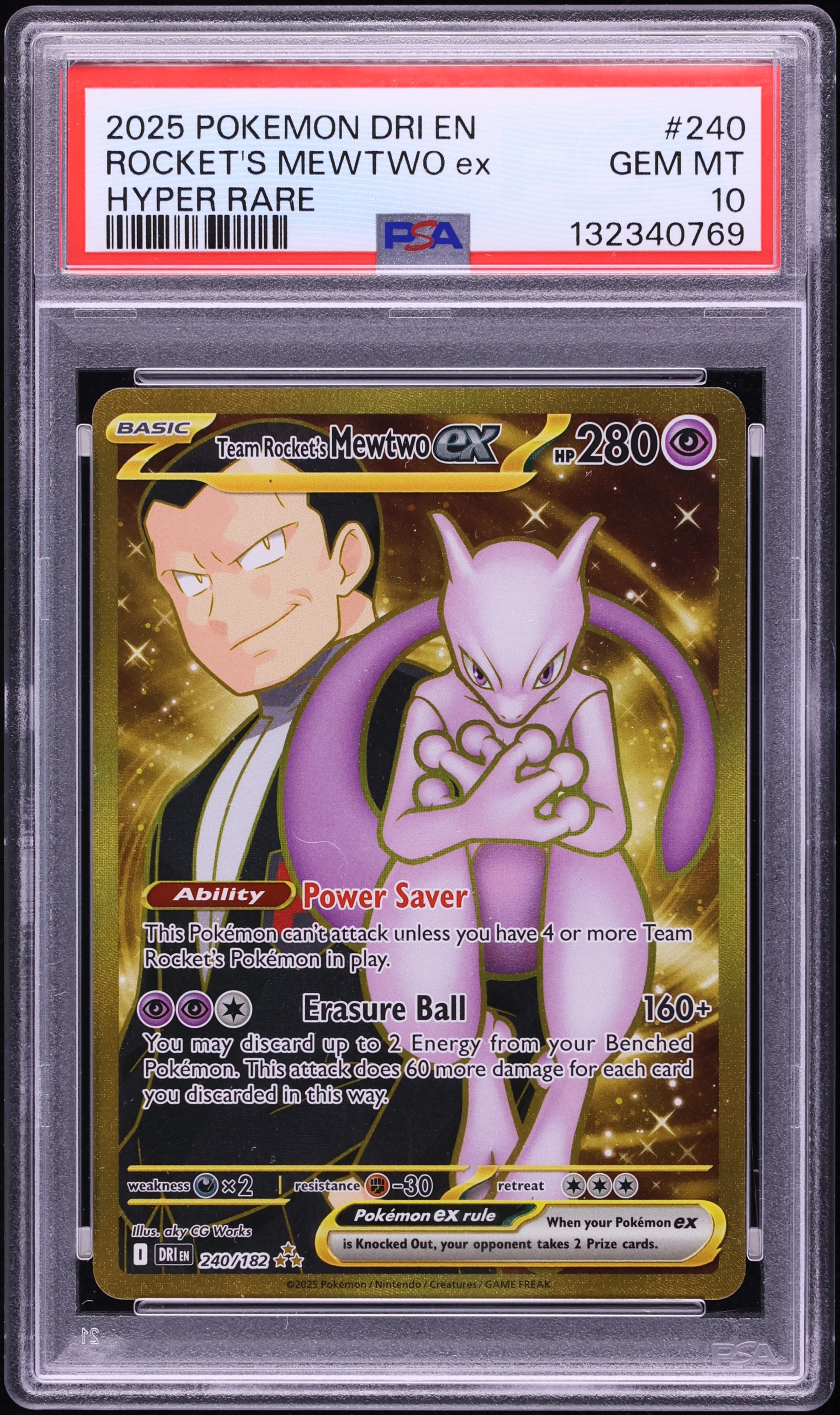 2025 Pokemon Scarlet & Violet Destined Rivals Gold Rare Team Rocket's Mewtwo Ex #240 PSA 10 GEM