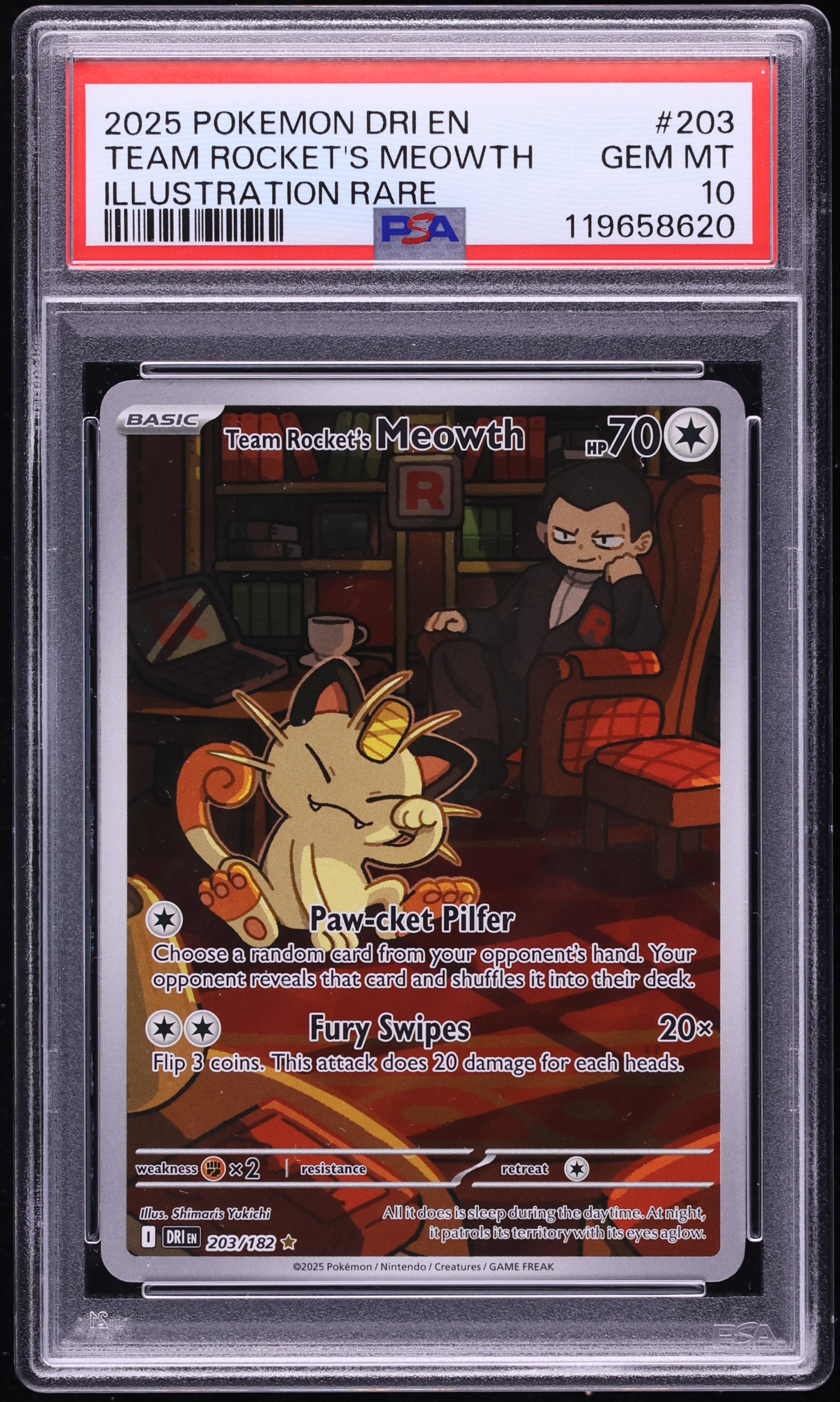2025 Pokemon Scarlet & Violet Destined Rivals IR Team Rocket's Meowth #203 PSA 10 GEM MINT