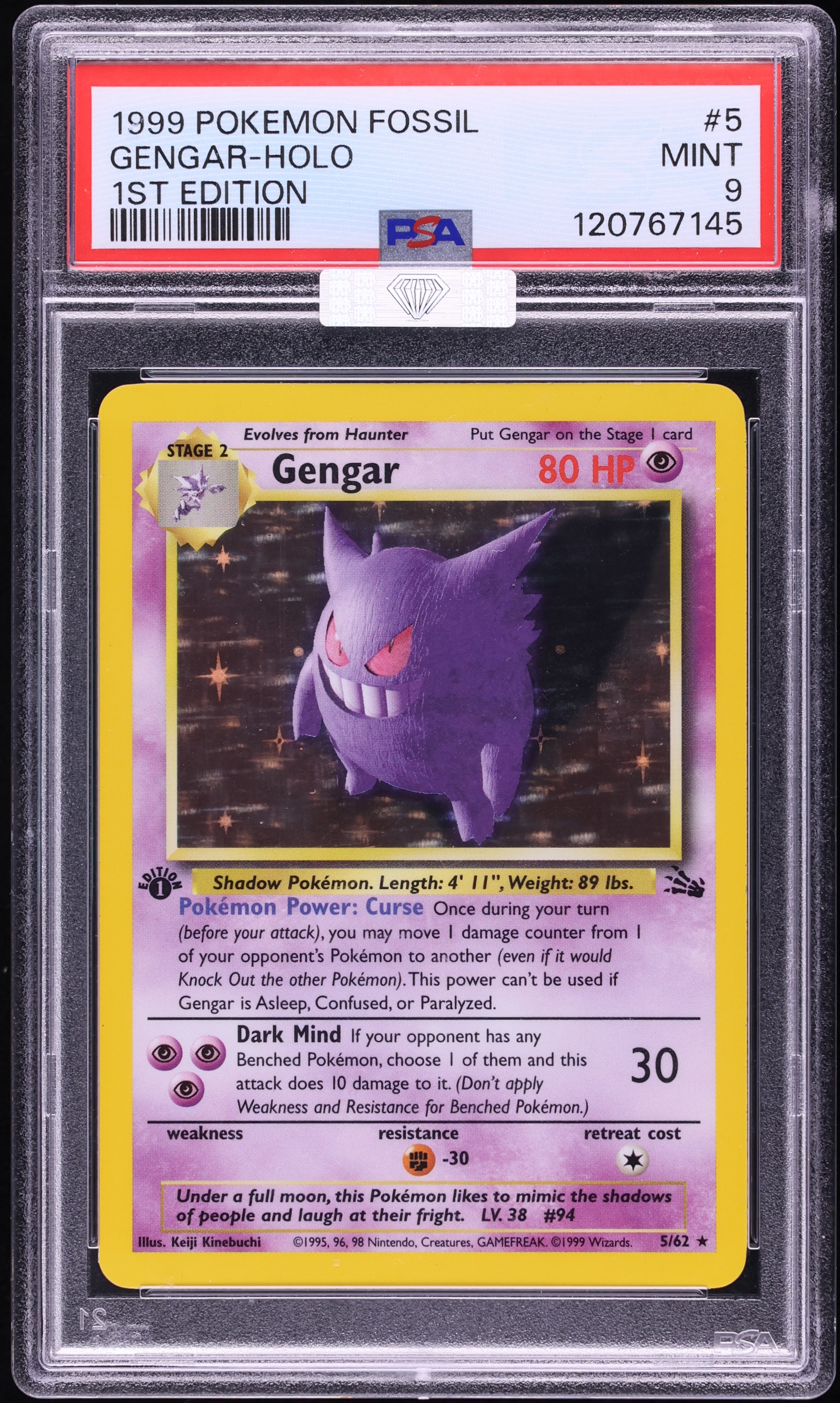 1999 Pokemon Fossil 1st Edition Holo Gengar #5 MBA PSA 9 MINT
