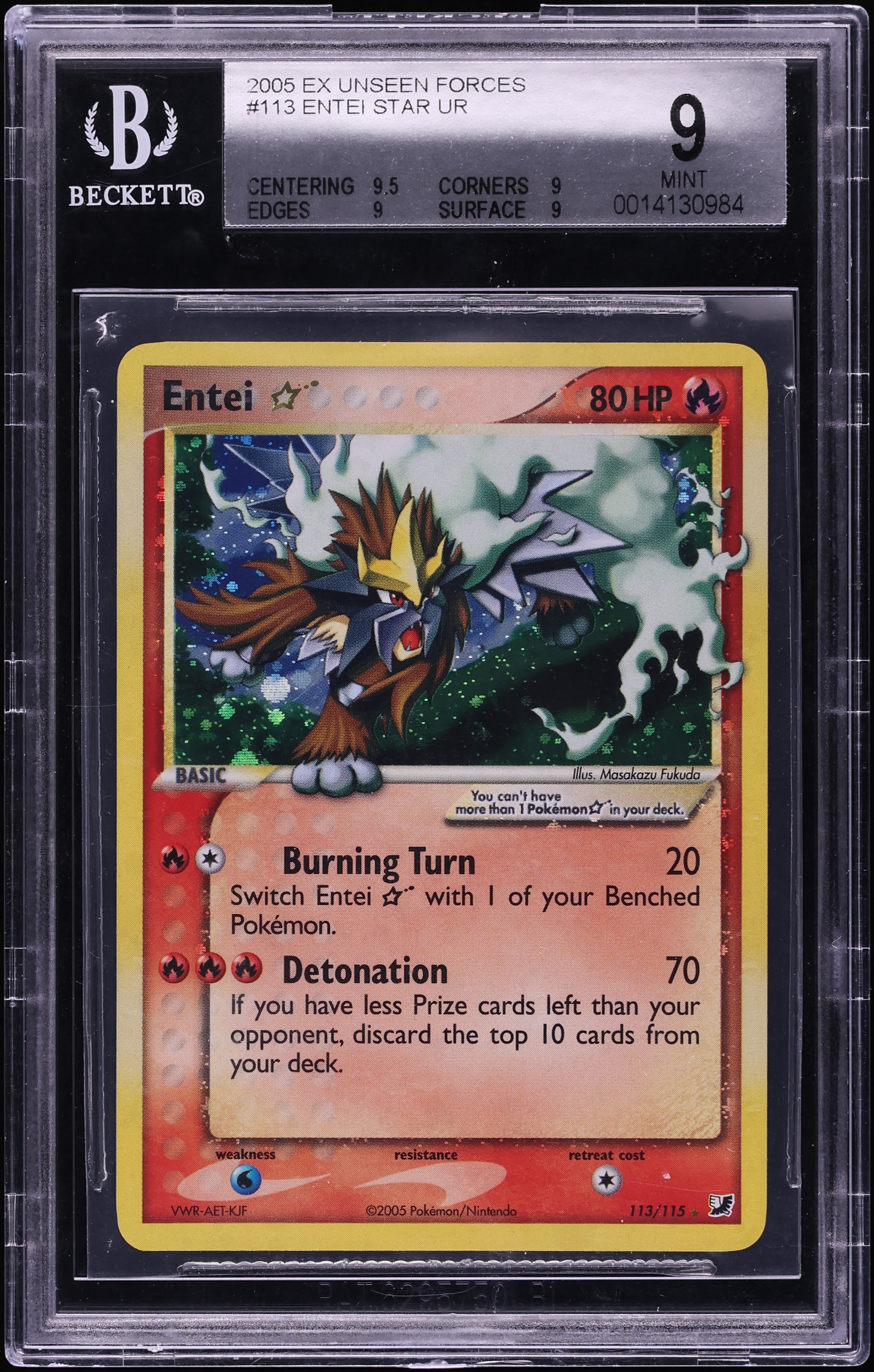 2005 Pokemon EX Unseen Forces Holo Entei Gold Star #113 BGS 9 MINT