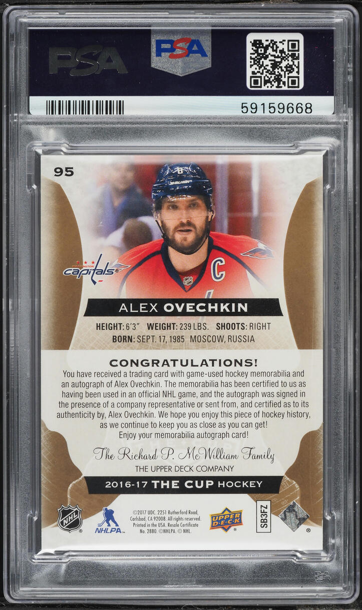 2016 Upper Deck The Cup Gold Alex Ovechkin PATCH AUTO 1/8 #95 PSA 8 NM-MT