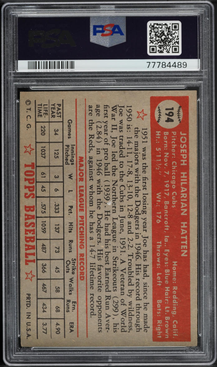 1952 Topps Joe Hatten #194 PSA 4 VGEX
