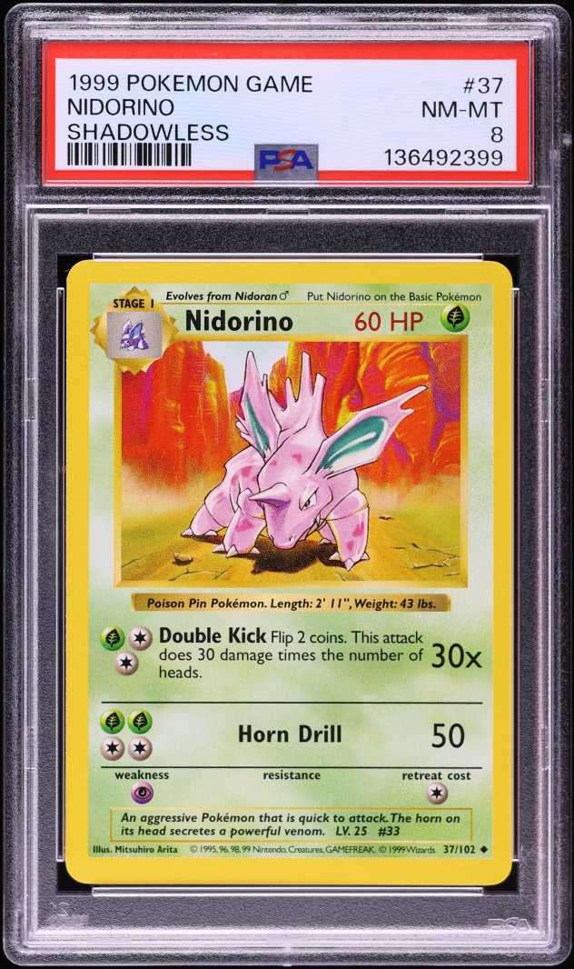 1999 Pokemon Base Set Shadowless Nidorino #37 PSA 8 NM-MT