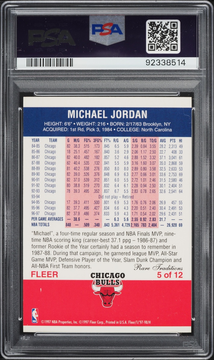 1997 Fleer Decade Of Excellence Rare Traditions Michael Jordan #5 PSA 9 MINT