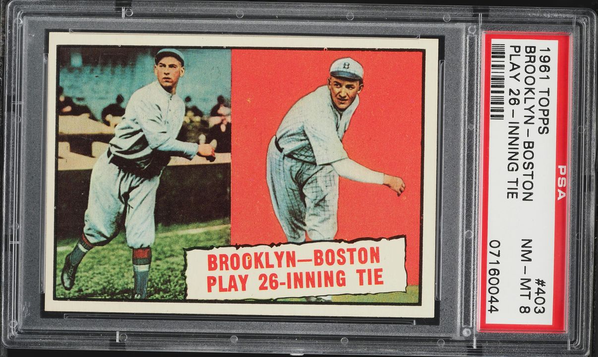 1961 Topps Brooklyn & Boston Play 26 Inning Tie #403 PSA 8 NM-MT