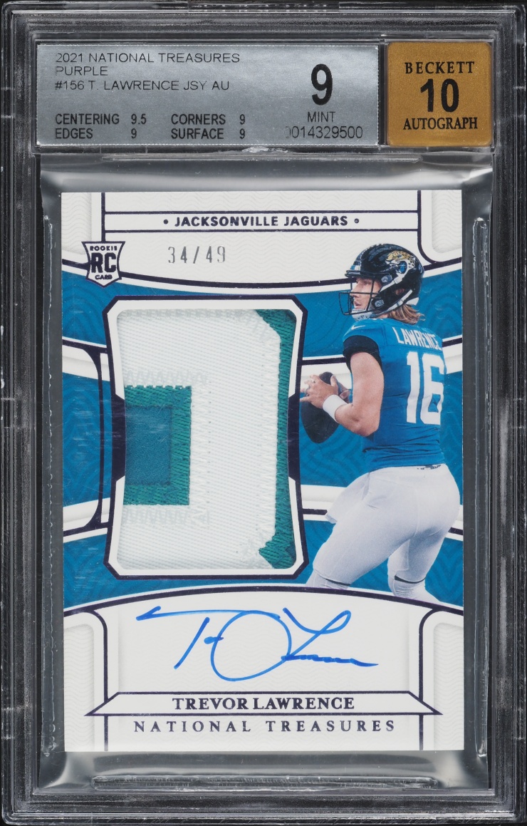 2021 National Treasures Purple Trevor Lawrence ROOKIE PATCH AUTO /49 #156 BGS 9 MINT