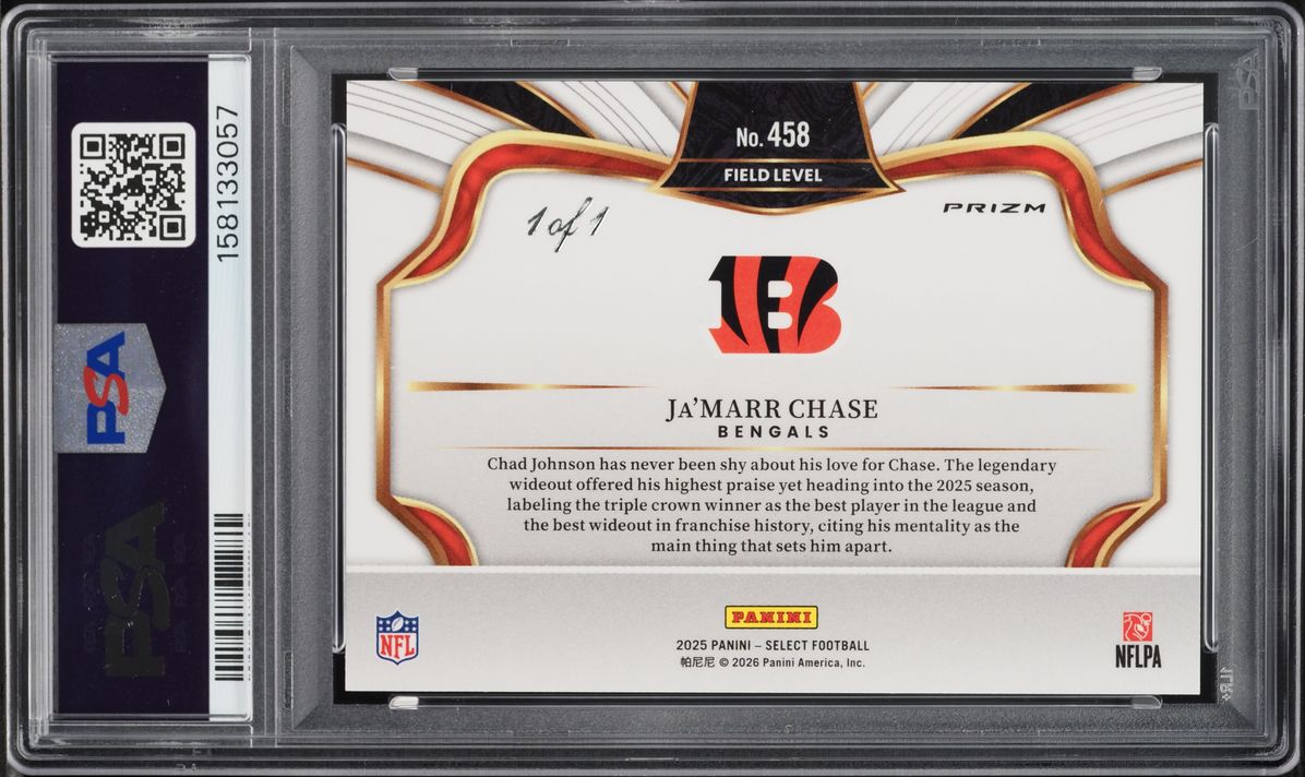 2025 Select Field Level Black Prizm Ja'Marr Chase 1/1 #458 PSA 9 MINT