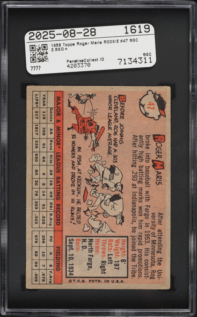 1958 Topps Roger Maris ROOKIE #47 SGC 2.5 GD+