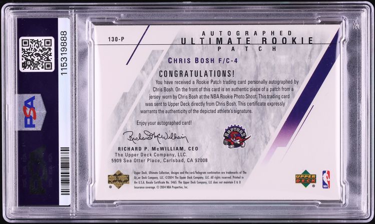 2003 Ultimate Collection Chris Bosh ROOKIE PATCH AUTO DNA 10 /25 #130-P PSA 6 EXMT