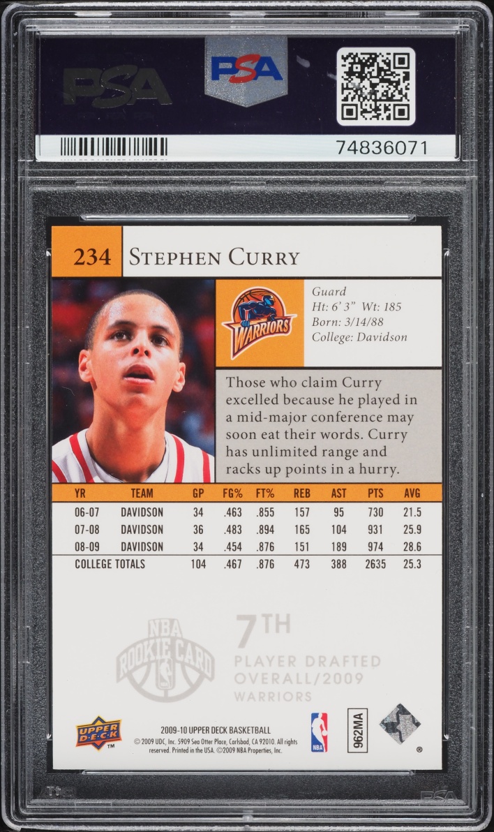 2009 Upper Deck Basketball Stephen Curry ROOKIE #234 PSA 10 GEM MINT