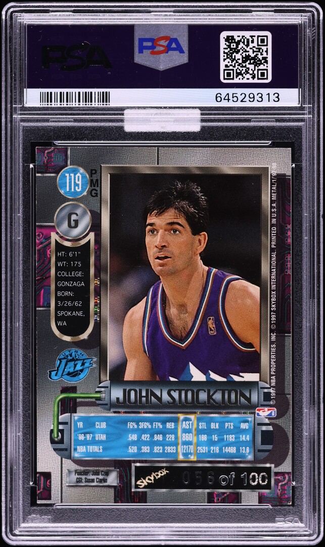 1997 Metal Universe Precious Metal Gems PMG Red John Stockton /100 #119 MBA PSA 6 EXMT