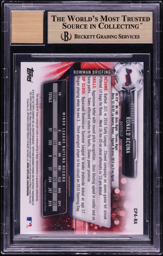 2017 Bowman Chrome Blue Refractor Ronald Acuna PROSPECT AUTO /150 #CPA-RA BGS 9.5 GEM MINT - Photo 2