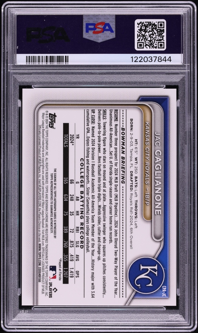 2024 Bowman Chrome Draft Blue Refractor Jac Caglianone PROSPECT AUTO /150 PSA 10 GEM MINT - Photo 2