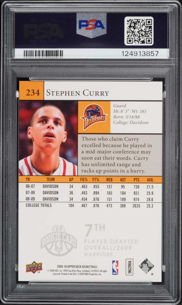 2009 Upper Deck Basketball Stephen Curry ROOKIE #234 PSA 9 MINT