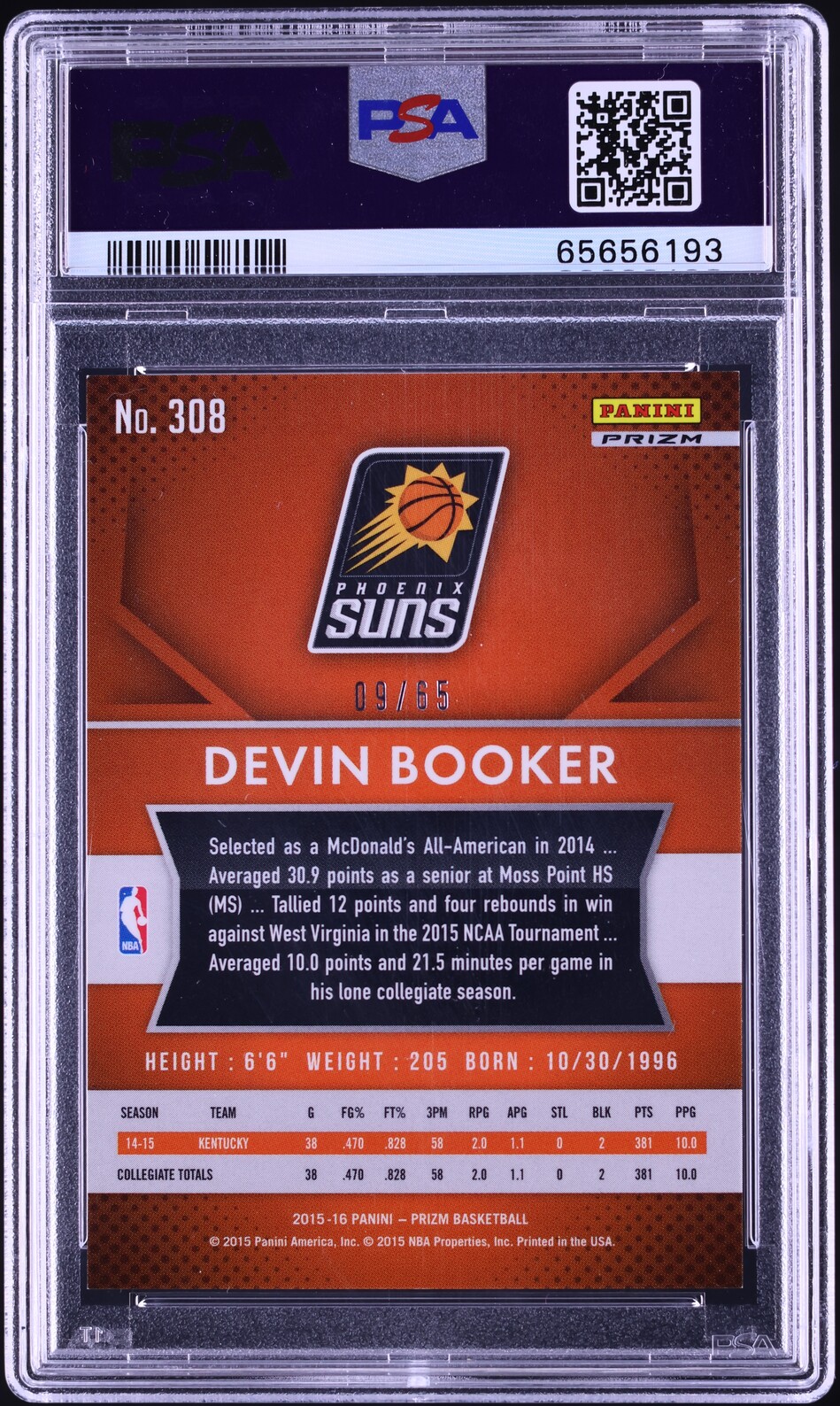 2015 Panini Prizm Orange Devin Booker ROOKIE /65 #308 PSA 9 MINT