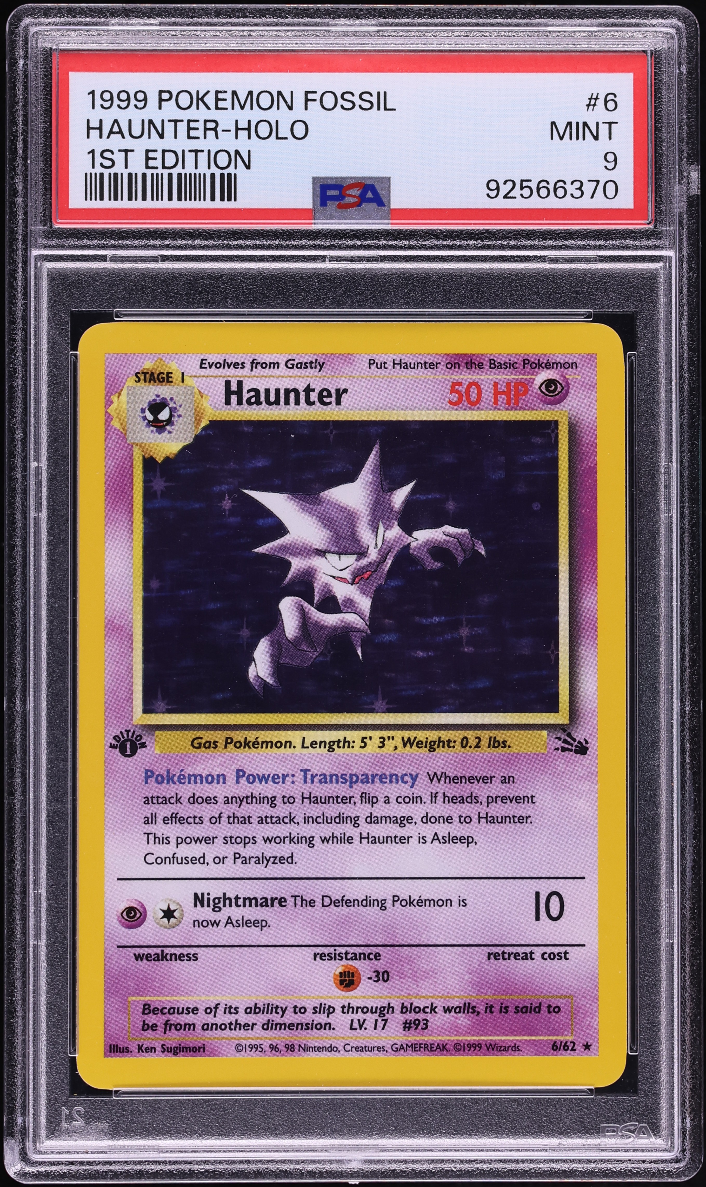 1999 Pokemon Fossil 1st Edition Holo Haunter #6 PSA 9 MINT
