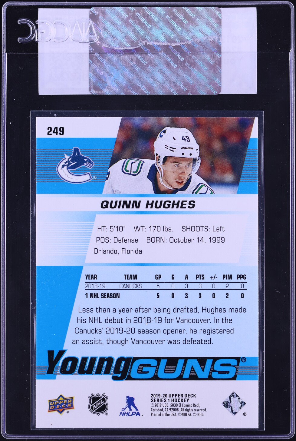 2019 Upper Deck Young Guns Quinn Hughes ROOKIE #249 CGC AUTH