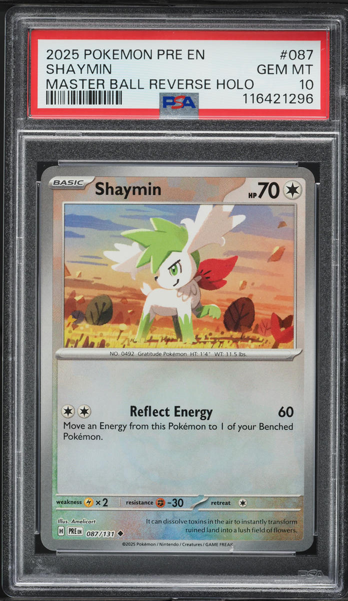 2025 Pokemon SV Prismatic Evolutions Master Ball Reverse Holo Shaymin #87 PSA 10