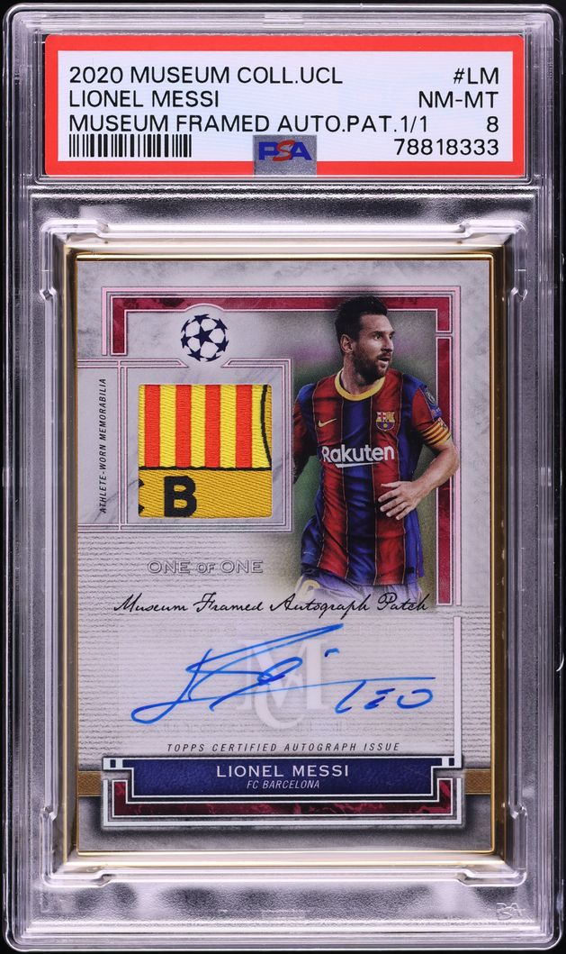 2020 Topps Museum Collection UEFA Framed Lionel Messi PATCH AUTO 1/1 #FAPC-LM PSA 8 NM-MT