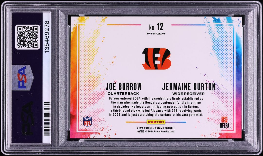 2024 Panini Prizm Color Blast Duals Joe Burrow & Jermaine Burton ROOKIE #12 PSA AUTH
