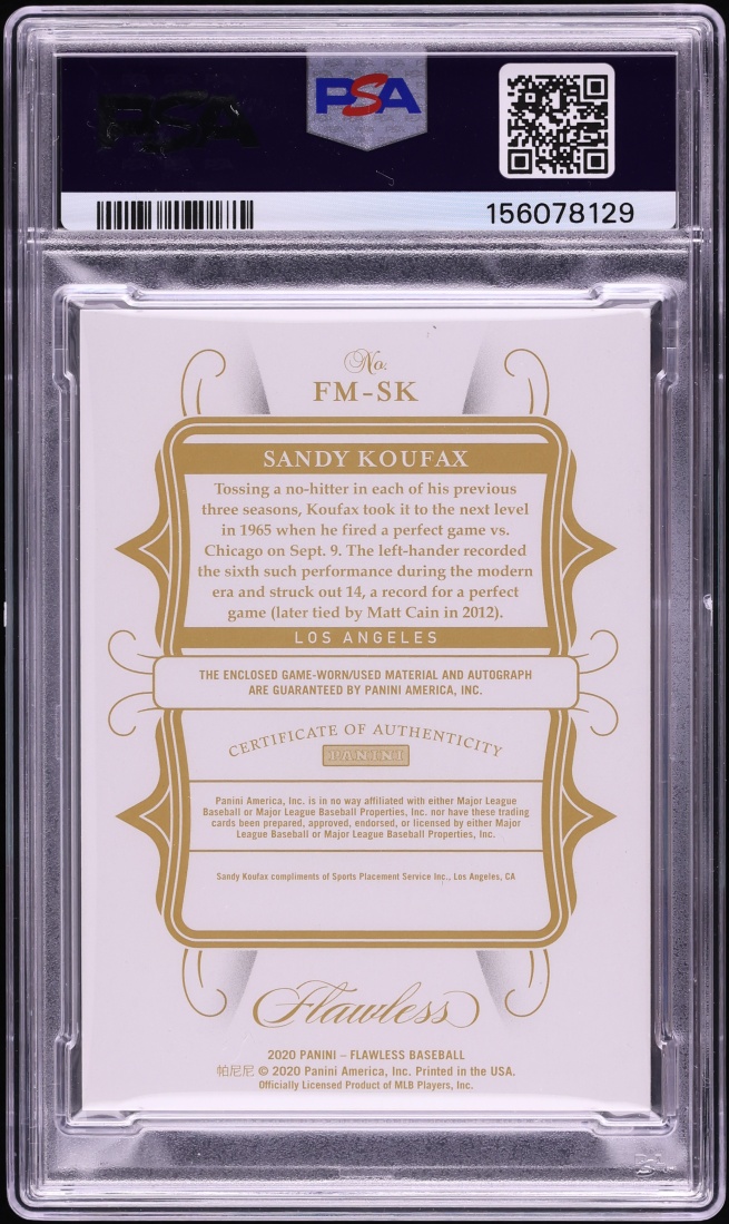 2020 Flawless Moments Sapphire Sandy Koufax PATCH AUTO 5/5 #FM-SK PSA 8 NM-MT