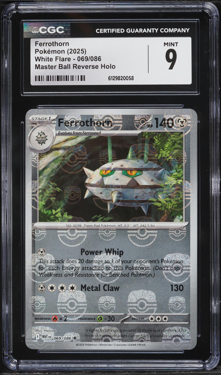 2025 Pokemon Scarlet & Violet White Flare Master Ball Reverse Holo Ferrothorn #69 CGC 9 MINT