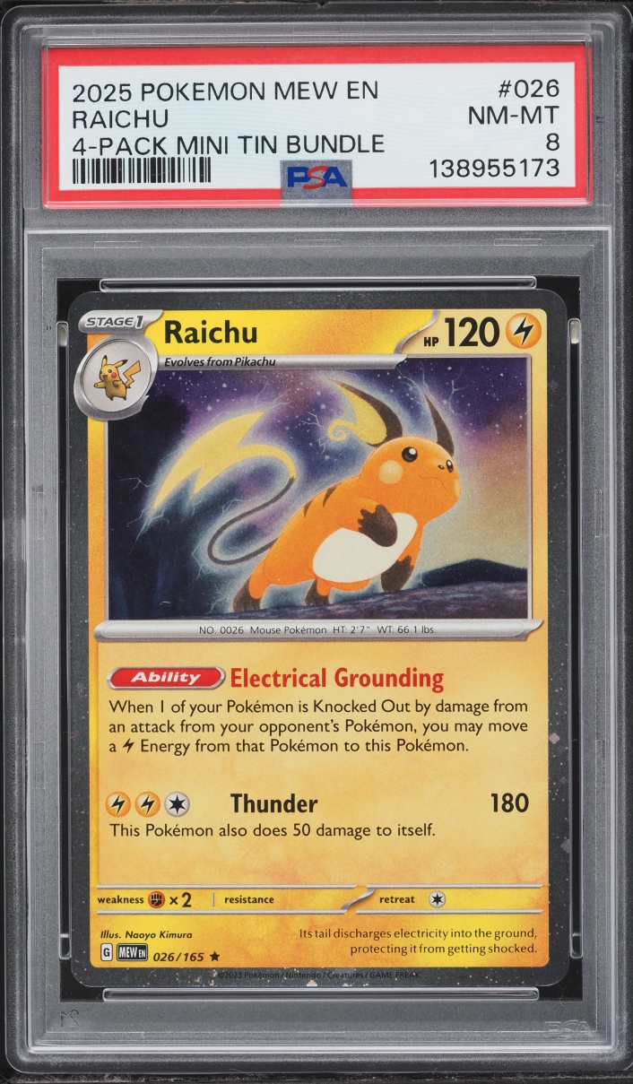 2025 Pokemon Scarlet & Violet Promo 4-Pack Mini Tin Bundle Raichu #026 PSA 8 NM-MT