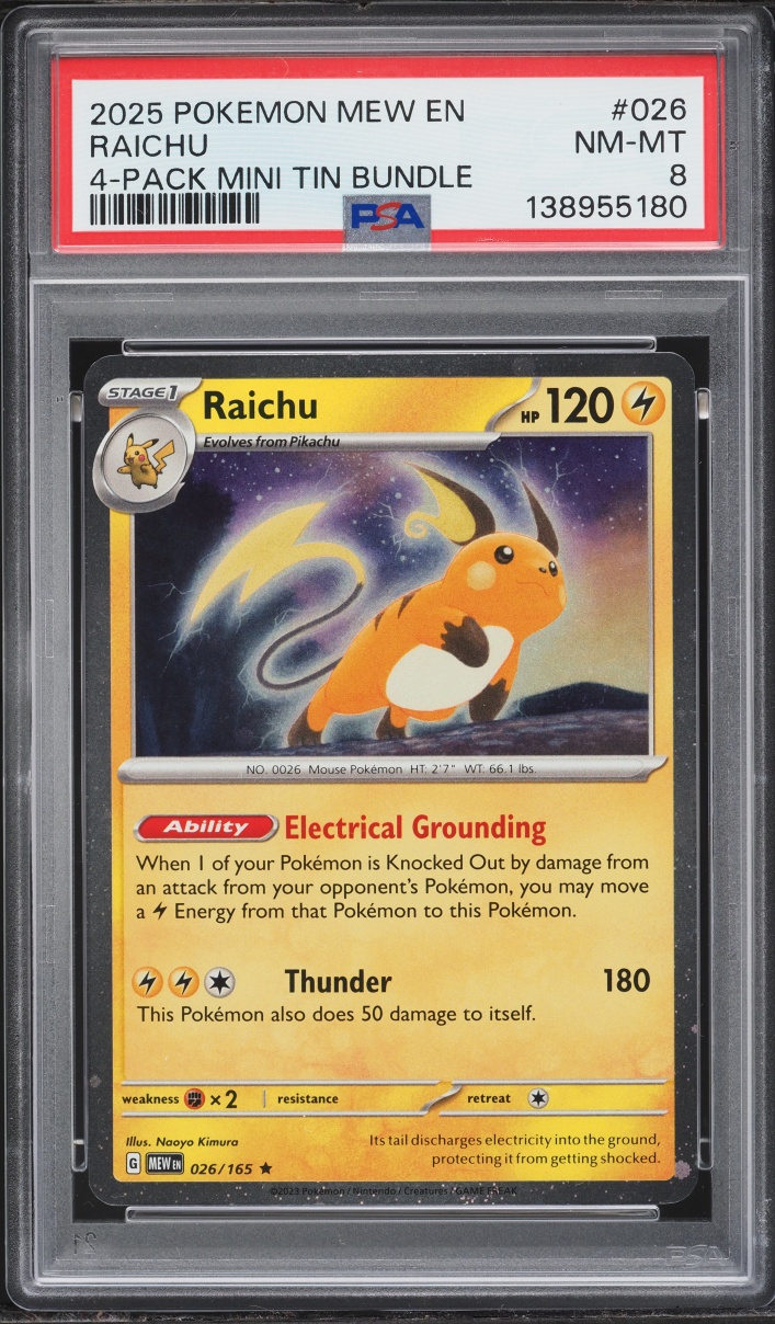 2025 Pokemon Scarlet & Violet Promo 4-Pack Mini Tin Bundle Raichu #026 PSA 8 NM-MT