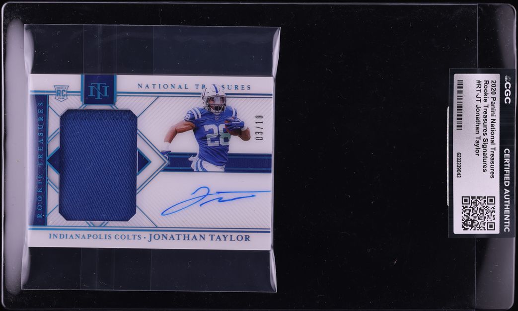 2020 National Treasures Signatures Jonathan Taylor ROOKIE PATCH AUTO /10 #RT-JT CGC AUTH