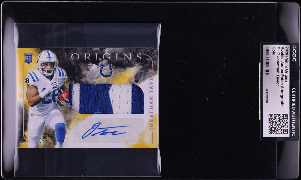 2020 Panini Origins Jumbo Gold Jonathan Taylor ROOKIE PATCH AUTO /10 #117 CGC AUTH