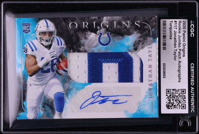 2020 Panini Origins Jumbo Turquoise Jonathan Taylor ROOKIE PATCH AUTO /25 #117 CGC AUTH